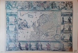 Antik Európa térkép színes rézkarc fakszimile