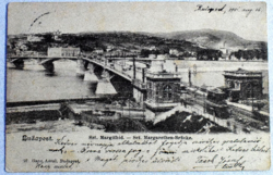 Budapest - Szt Margit híd  budai látképpel , villamosok -  antik képeslap 1901