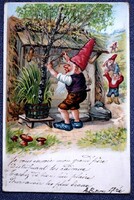 Antik glitteres litho üdvözlő  képeslap - törpe , törpék, gomba      1901