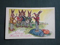 Képeslap,grafikai,művészet,nyúl zenészek,hangszer,dob,gitár,trombita,ünnep,húsvéti,1940-
