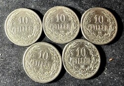 5 db 10 Fillér 1894 K·B tétel (Nikkel), I. Ferenc József, Magyar Királyi Váltópénz