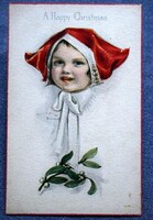 Antik szignált Karácsonyi üdvözlő képeslap - kisleány piros sapkában , fagyöngy  ~1910