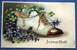 Antik dombornyomott  glitteres Karácsonyi üdvözlő  képeslap -   cipőben ajándék, 4levelű lóhere 1907