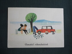 Képeslap,Szilas Győző grafika,művészet,vicc,humor,Remekül víkemdezünk,1971-