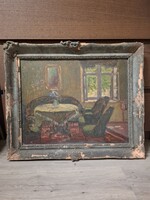 Béla Fábián interior painting, oil, cardboard, signed, 40x50 cm+original frame