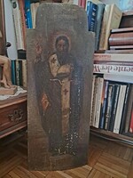 Nagy méretű Antik Ortodox Ikon fatáblán – Nagy Szent Bazil (80 x 40 cm, 19. sz.)
