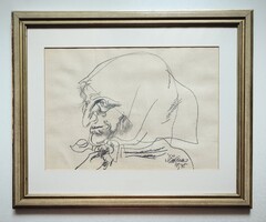 Endre Szász (1926-2003): Grandma. Signed, original graphic. Large size.