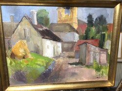 Rozs János: Falusi részlet, olaj, vászon. A festmény restaurálva van. Szép meleg színei a lakás éke.