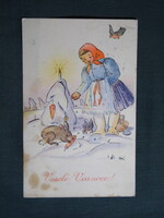 Képeslap,Szlovákia,grafikai,művészet,gyerek modell,kislány,nyúl,madár,ünnep,húsvéti,1947-