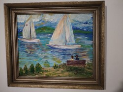 Schéner Mihály(1923-2009) - Balatoni vitorlások, oil painting on fiberboard.