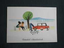 Képeslap,Szilas Győző grafika,művészet,vicc,humor,Remekül víkemdezünk,1971-
