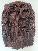 Antik hindu ramajana dombormű Ráma és Szita a dzsungelben faragott fa szobor kép Bali 376 7510