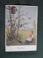 Képeslap,Karl Fuchs grafika,művészet,gyerek modell,kislány,madár,ünnep,húsvéti,1950-