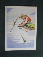 Képeslap,Orosz,Ukrán,V. Grigorjev grafika,művészet,humor,vicc,horgász,kapás van, 1964-