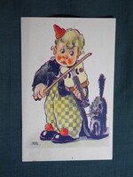 Képeslap,Mario Vellani Marchi grafika,humor,gyerekek modell,kisfiú,bohóc,hegedű,macska , 1940-