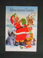 Képeslap,grafikai,művészet,mikulás,télapó,kutya,őzike,szarvas,mókus,ünnep,karácsonyi,1990-