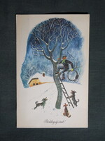 Képeslap,Győry Miklós grafikai,művészet,humoros,kéményseprő,kutya,ünnep,újévi,1967-