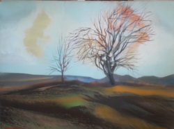 DOBROVITS FERENC: Táj fákkal (olaj-farost 60x80) tájkép, XX. század