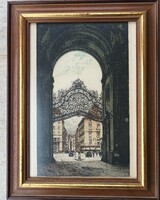 Robert Kasimir (1914-2002): Michaelertor, Wien – Eredeti, jelzett színes rézkarc antik bécsi keretbe