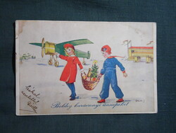 Képeslap,Bacsa János grafika,művészet,gyerek modell,kislány,kisfiú,repülőgép,ünnep,karácsonyi,1940-