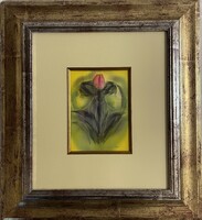 Izolda Macskássy - Face to face with a flower (Silk collage, verified gallery piece)