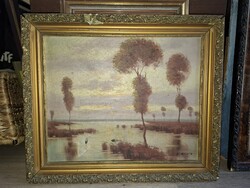 Jakab Zoltán (?) szignós, vízparti, gólyás festmény, olaj, vászon, cca.40x50 cm+ sérült kerete