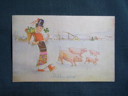 Képeslap,Bacsa János grafika,gyerek model,kisfiú,népviselet,malac,ünnep,újévi,1940-