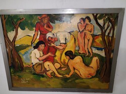 Vintage oil painting, nudes by the riverside.