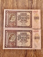 Horvátország 2 db Sorszámkövető 1000 Kuna 1941 XF+