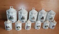 Antique Czech Scene Porcelain Spice Set (11 pcs, Rare Szeghalom Mark, 1920-1930)