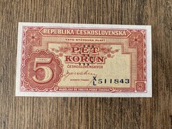 Csehszlovákia 5 Korona 1945 MINTA UNC