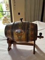 Carved Painted Wooden Barrel with Copper Wire Decorations on Stand