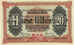20 fillér heller 1916 K.u.K. Nezsider Hadifogolytábor szükségpénz UNC