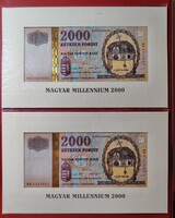 2db sorszámkövető Millennium 2.000 Forintos bankjegy aranyszállal, eredeti banki csomagolásban. UNC