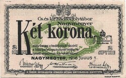 2 korona kronen 1916.06.01. K.u.K. Nagymegyer Hadifogolytábor szükségpénz UNC