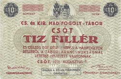 10 fillér heller 1916 K.u.K. Csót Hadifogolytábor szükségpénz