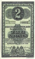 2 korona kronen 1916 K.u.K. Sopronnyék Hadifogolytábor szükségpénz UNC