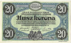 20 korona kronen 1916 K.u.K. Zalaegerszeg Hadifogolytábor szükségpénz bélyegzéssel aUNC