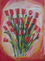 Keretre feszített, vászonra festett kép (Tulipáncsokor HS szignóval), eladó !