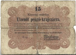 15 Fifteen Pengő Krajczár on Krajcár 1849 Kossuth Banknote