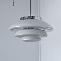Art deco - Streamline - Bauhaus nikkelezett mennyezeti lámpa felújítva - savmart/tejüveg búra