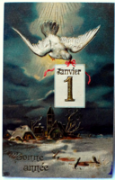 Antik dombornyomott Újévi képeslap - galamb, január 1  , téli táj , éjszaka