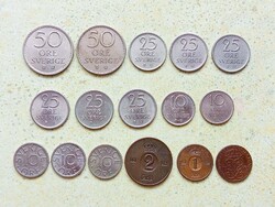 Svédország 16 db Különböző Érme 1 2 10 25 50 Öre 1950-1990