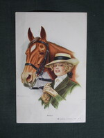 Képeslap,R.O. Wallace grafika,művészet,lány,hőlgy,kalapos női modell,sport,ló,lovagló ruházat,1914-