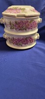 Pink Floral Pattern Old Porcelain Food Container and Baby Shower Dish with Two Levels and Lid