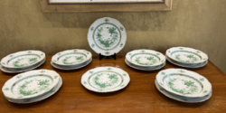 HERENDI PORCELÁN ZÖLD INDIAI KOSÁR MINTÁS TÁNYÉR KÉSZLET, 14DB