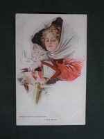 Képeslap,Harrison Fisher grafika,művészet,lány,hőlgy,női modell,kalapos kendős autós lány,1910-