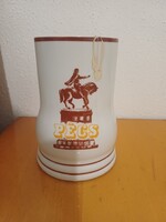 Zsolnay mug with Pécs inscription, János Hunyadi equestrian statue