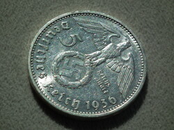 Németország, horogkeresztes ezüst birodalmi 5 Márka (Reichsmark), 1936 F