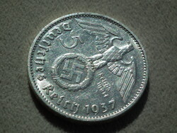 Németország, horogkeresztes ezüst birodalmi 5 Márka (Reichsmark), 1937 F